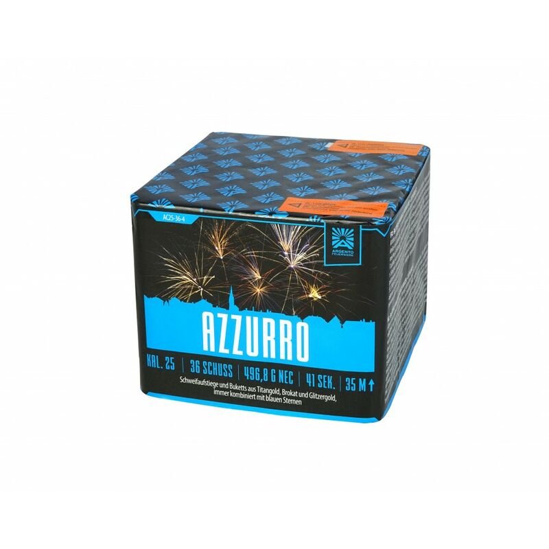 Nacheinander geschossene Buketts aus Titangold, Brokat und Glitzergold, immer kombiniert mit blauen Sternen und Schweifaufstieg ~  für 29.74 EUR bestellen